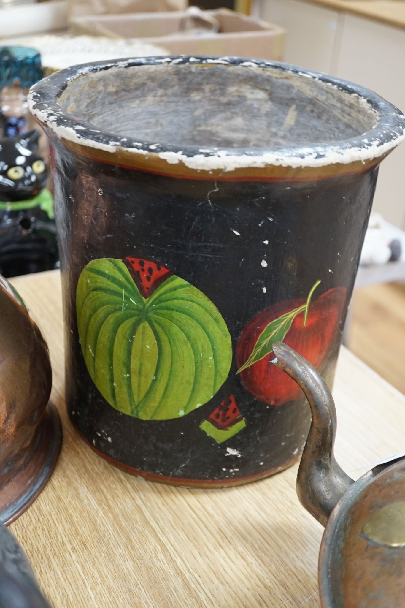 A Copper love token kettle, Georgian copper haystack measure, liberty & Co pewter teapot and a decorative papier mache bucket.